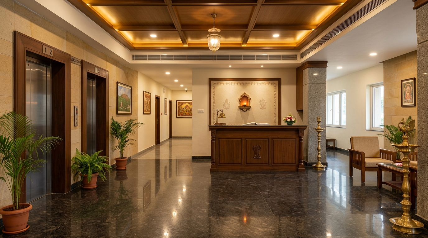 Reception lobby and elevator foyer inside Nandakam Rest House Tirumala