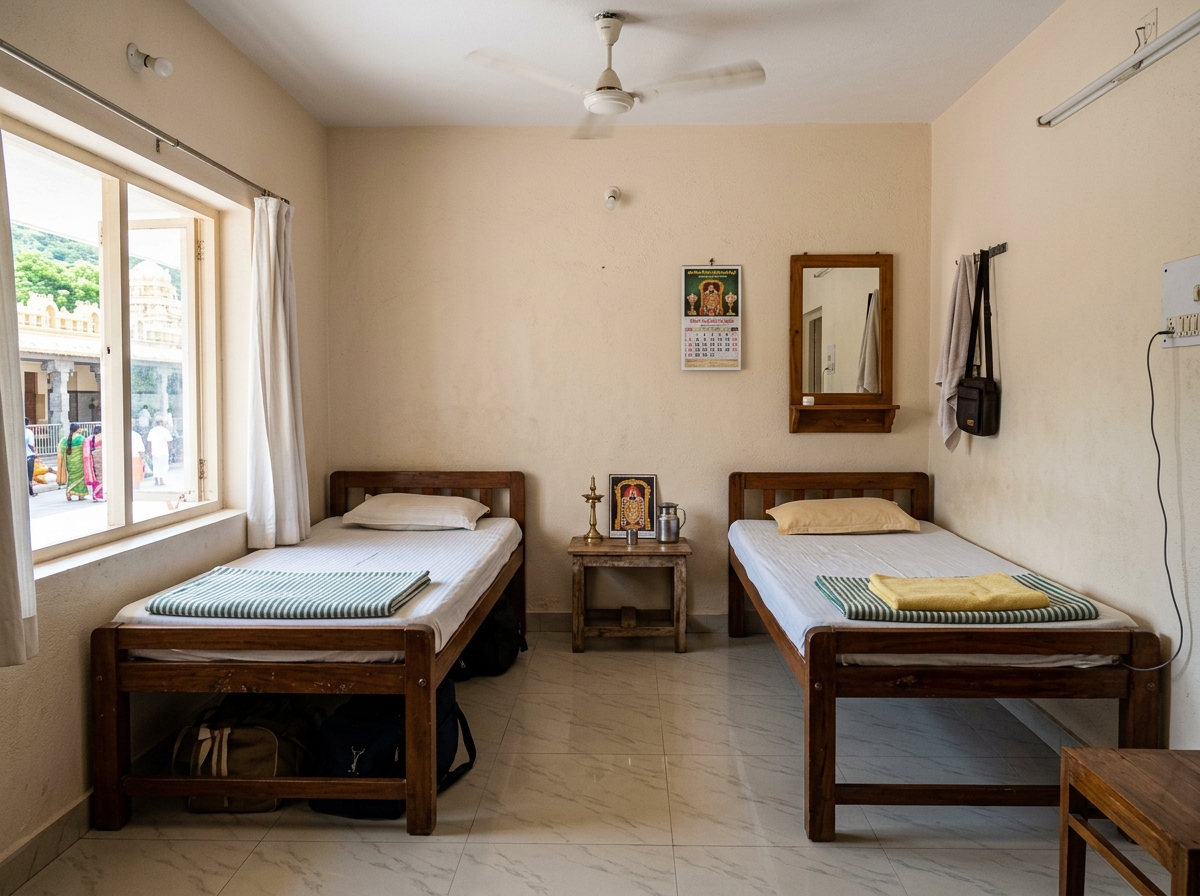 Standard Non-AC Room with two wooden beds and ceiling fan at Nandakam Rest House